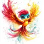 A delightful phoenix nestled among whimsical clouds with pastel colors and twinkling stars