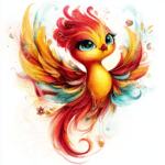 A stunning phoenix with iridescent wings gracefully flying over a serene lake at sunset