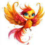 A whimsical phoenix perched on a colorful rainbow with sparkling stars in the background