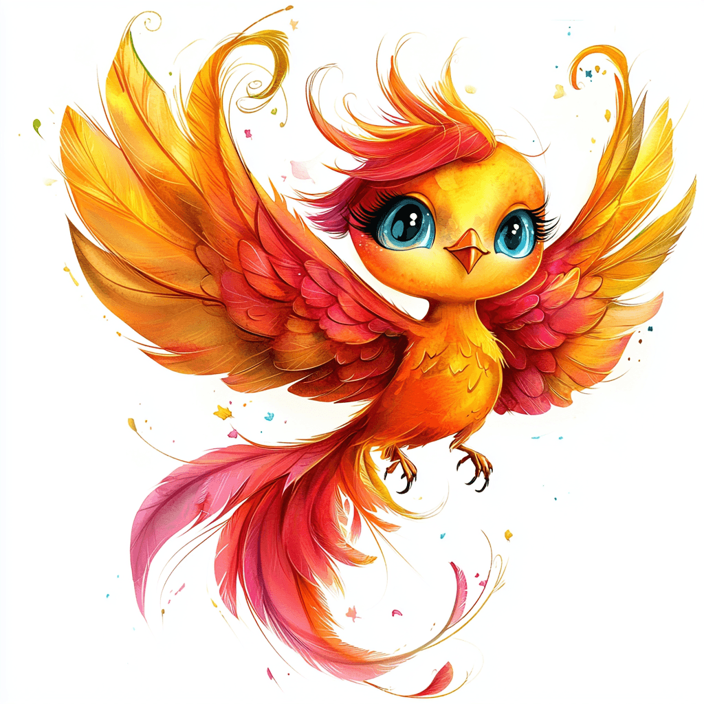 A whimsical phoenix perched on a colorful rainbow with sparkling stars in the background