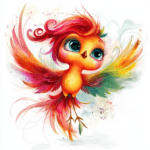 A playful phoenix playing with butterflies in a lush green meadow filled with wildflowers