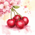 A whimsical illustration of cherries hanging from a branch with soft pastel flowers