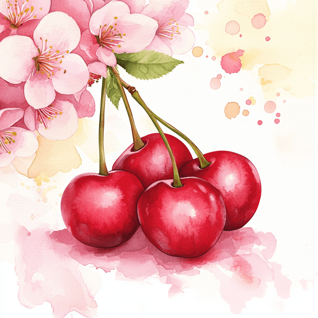 A whimsical illustration of cherries hanging from a branch with soft pastel flowers