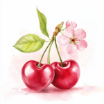 An artistic rendering of a single cherry with intricate details and vibrant colors
