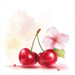 A charming depiction of a cherry tree adorned with pink blossoms and bright red fruit