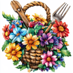 A charming garden trowel rests beside a bouquet of bright sunflowers and purple asters on a wooden table