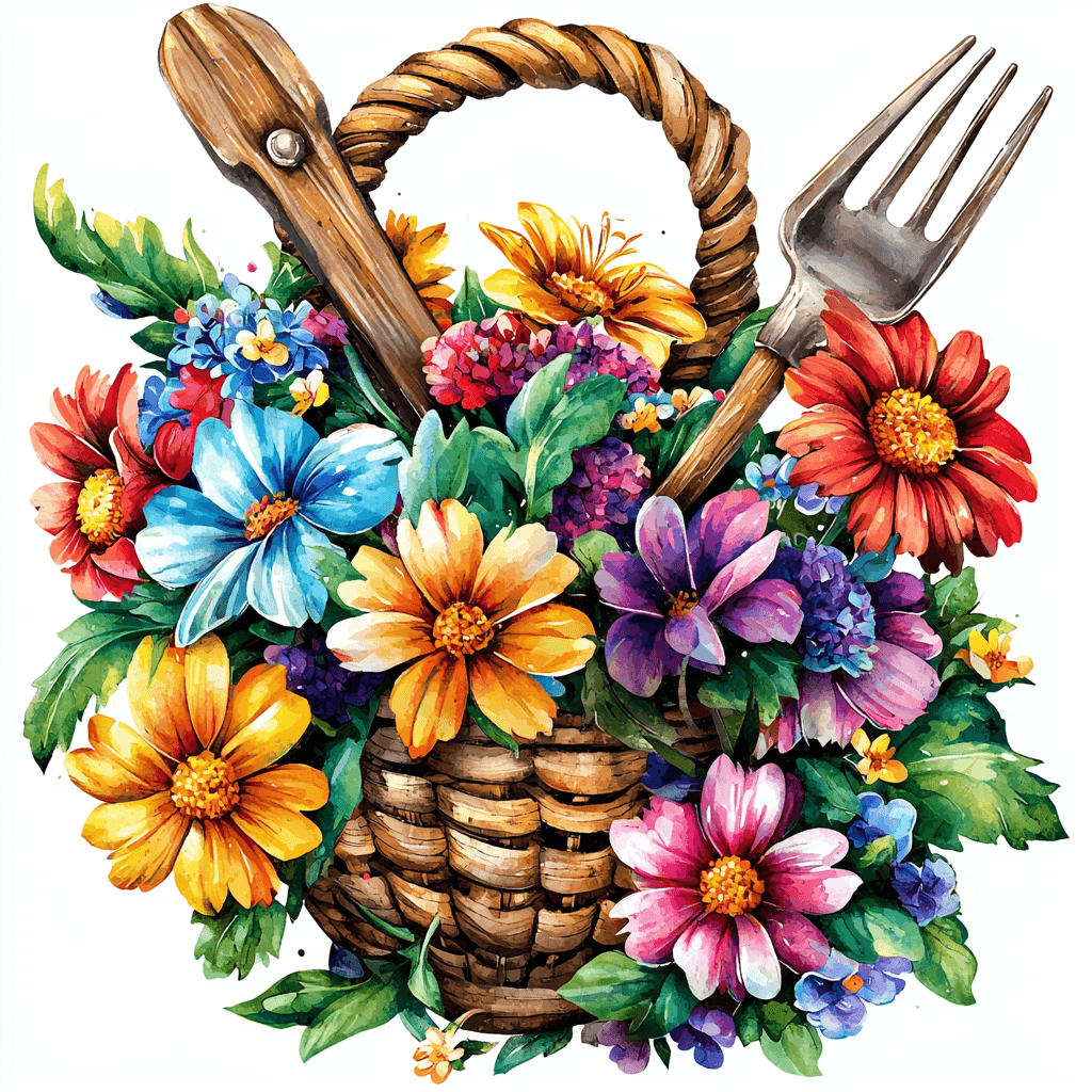 A charming garden trowel rests beside a bouquet of bright sunflowers and purple asters on a wooden table