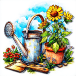 A delightful illustration featuring a butterfly hovering over a cluster of vibrant marigolds and zinnias in full bloom