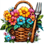 A lovely depiction of a rustic wooden crate filled with assorted potted herbs and blooming flowers ideal for kitchen decor