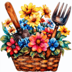 A whimsical garden rake surrounded by lush greenery and blooming flowers creating a serene outdoor atmosphere