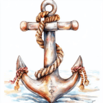 A vintage-style anchor adorned with coral and seashells set against a light sandy background