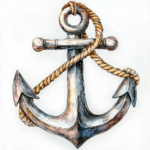 A rustic anchor illustration with weathered textures and a backdrop of rolling ocean waves