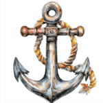 A detailed anchor surrounded by a compass rose and starfish showcasing maritime adventure themes