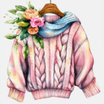 A fashion illustration of a snug sweater with a large collar and vibrant floral motifs