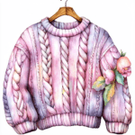 A delightful illustration of a sweater with a playful pattern of flowers and a warm color palette