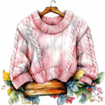 A stylish winter sweater illustration with pastel hues and a unique floral arrangement on the sleeves
