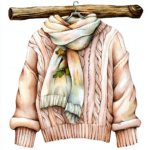 A whimsical sweater adorned with a playful scarf and delicate flower details in shades of pink and blue