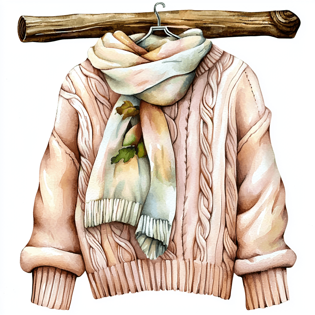 A whimsical sweater adorned with a playful scarf and delicate flower details in shades of pink and blue