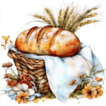 A rustic bread board featuring an array of different breads including ciabatta and focaccia