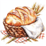 A loaf of multigrain bread with seeds glistening on top surrounded by kitchen utensils