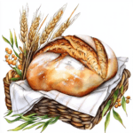 A freshly baked round bread with a crispy crust displayed on a charming white plate