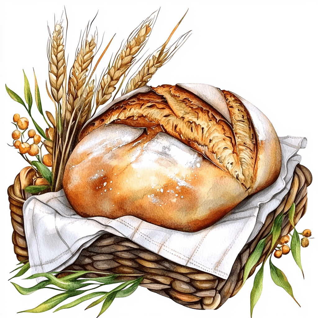 A freshly baked round bread with a crispy crust displayed on a charming white plate