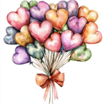 A lovely hand-painted heart balloon drifting above a whimsical landscape of rolling hills
