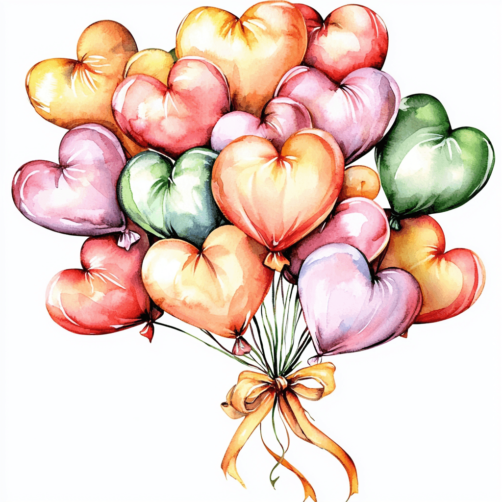 A whimsical red heart balloon tied with a playful string surrounded by colorful confetti