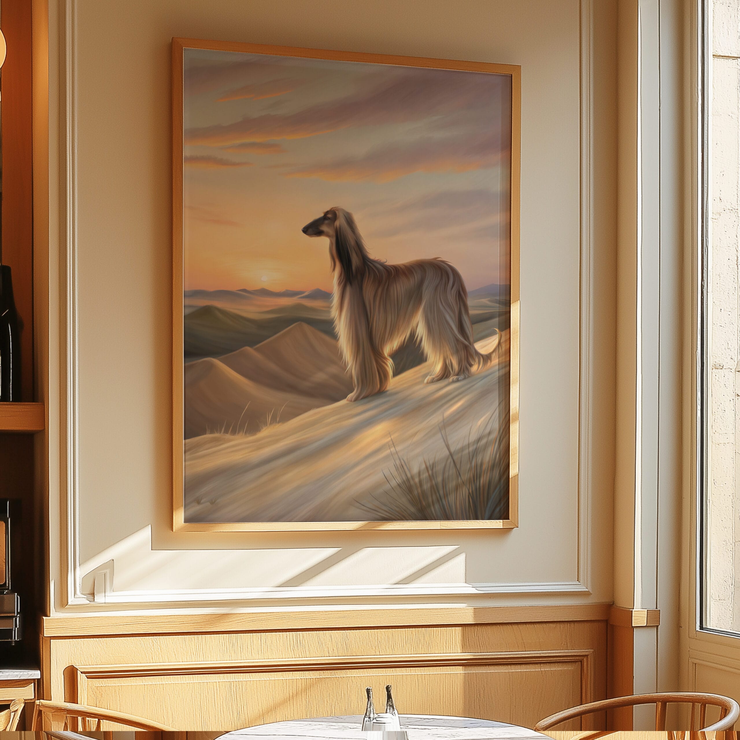 A serene landscape painting showcasing a tranquil sunset with warm orange and pink hues reflecting on a calm lake