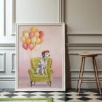 A vibrant poster of a Dalmatian chasing after whimsical butterflies amidst a backdrop of soft pastel clouds