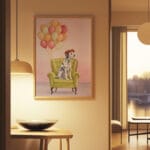 A romantic print depicting two Dalmatian dogs cuddling together in a lush green park filled with colorful butterflies