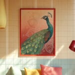 Peacock artwork in a living room setting.