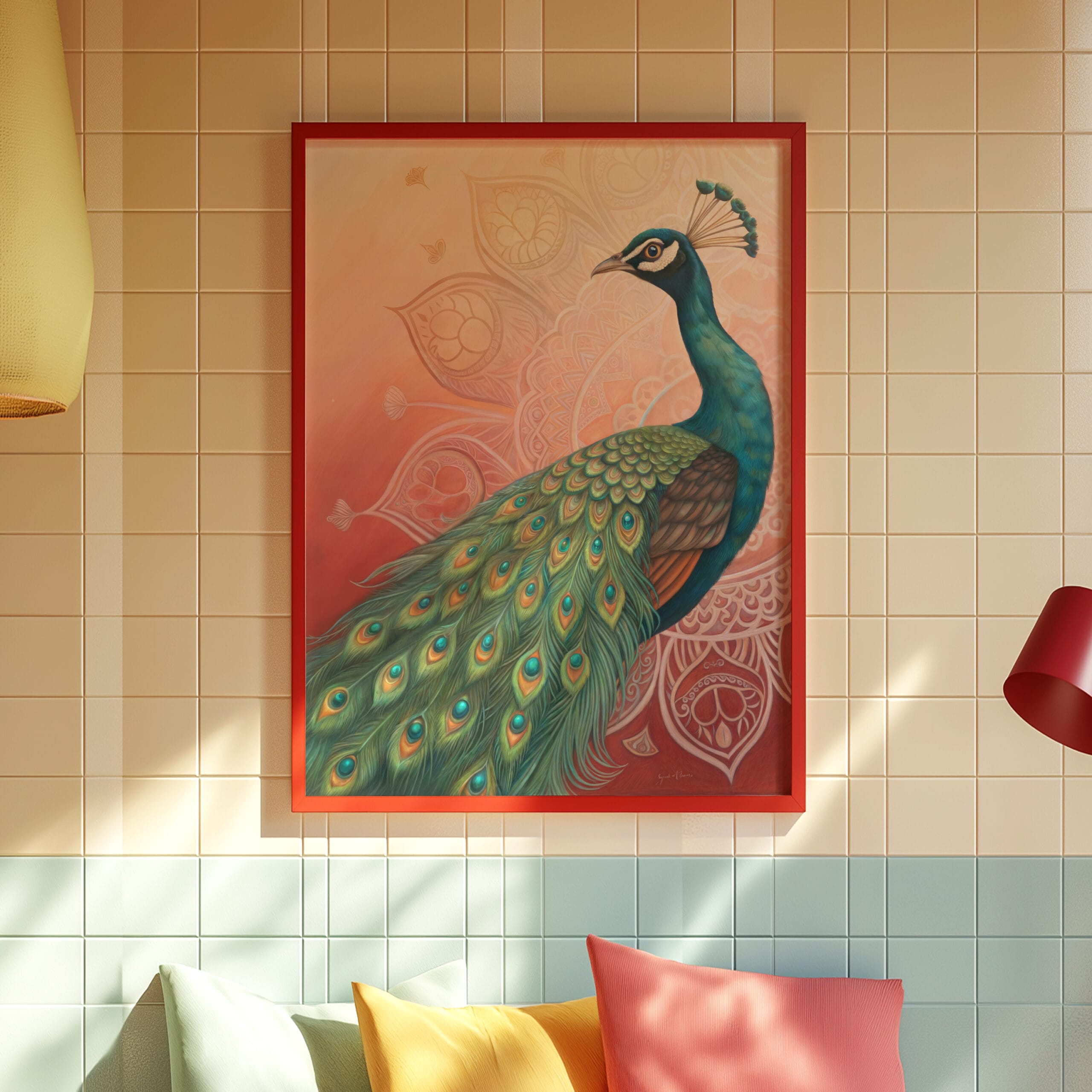 Peacock artwork in a living room setting.
