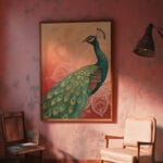 Peacock painting in cozy room setting
