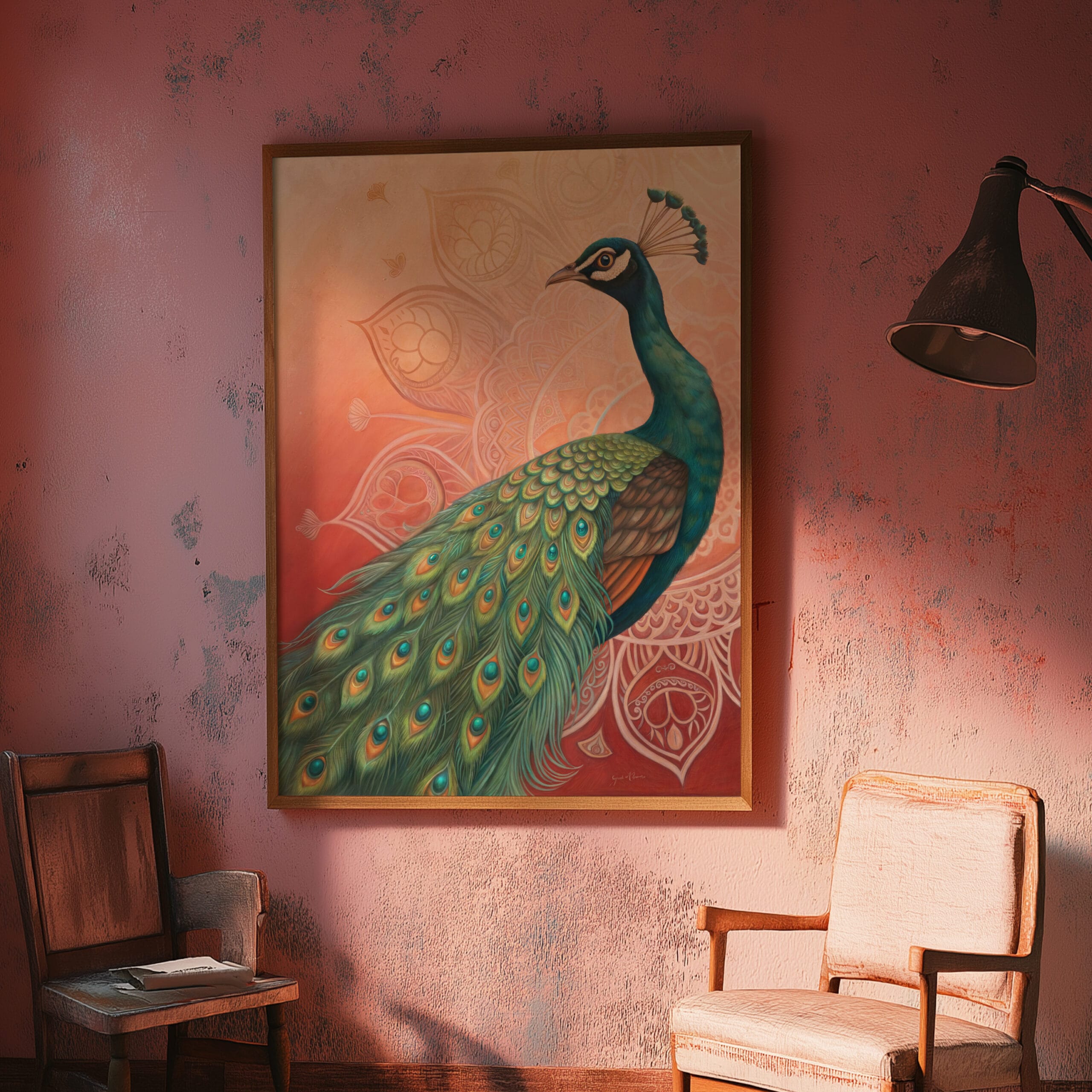Peacock painting in cozy room setting