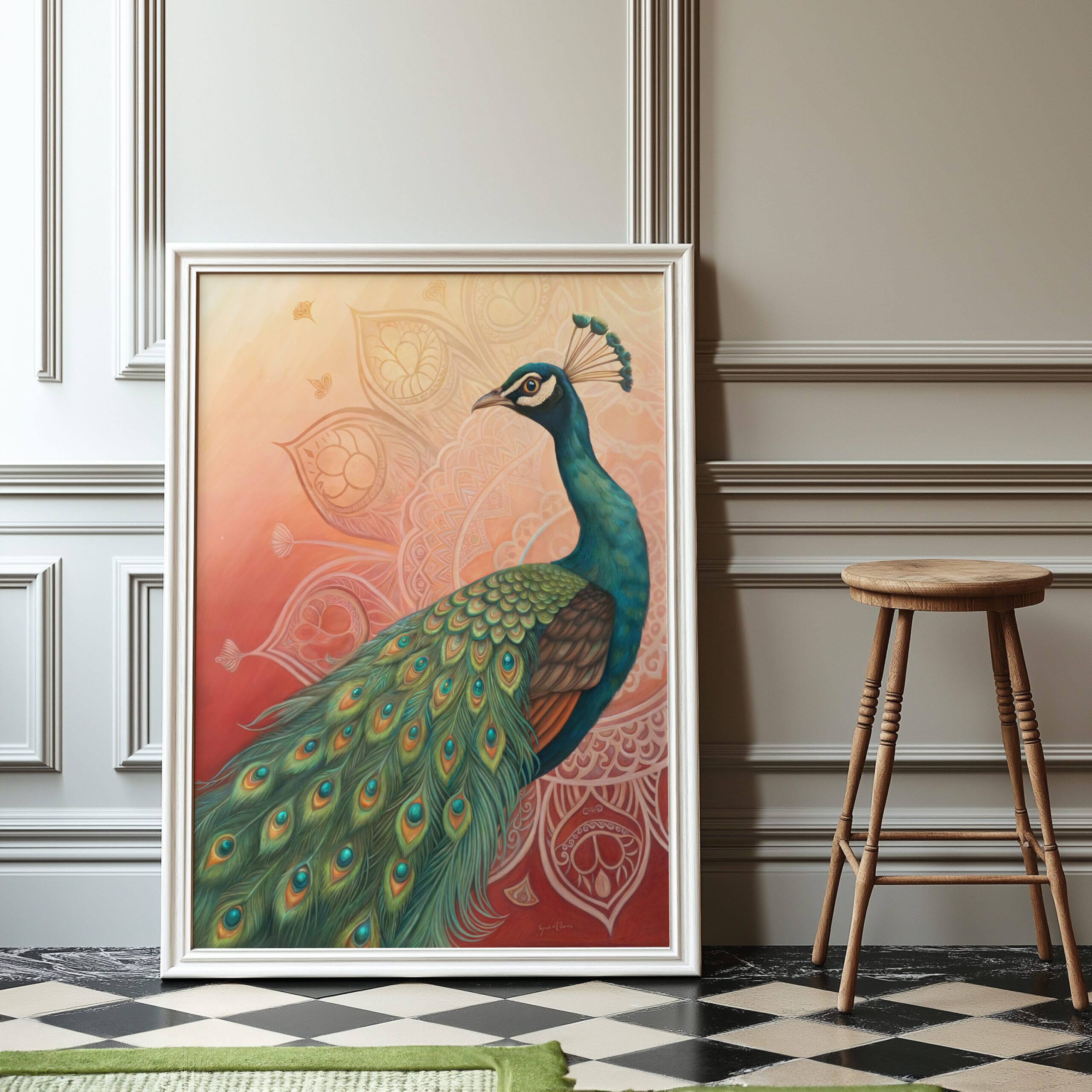 Peacock painting displayed on floor beside stool