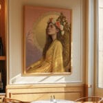 Elegant painting of a woman in golden robe.