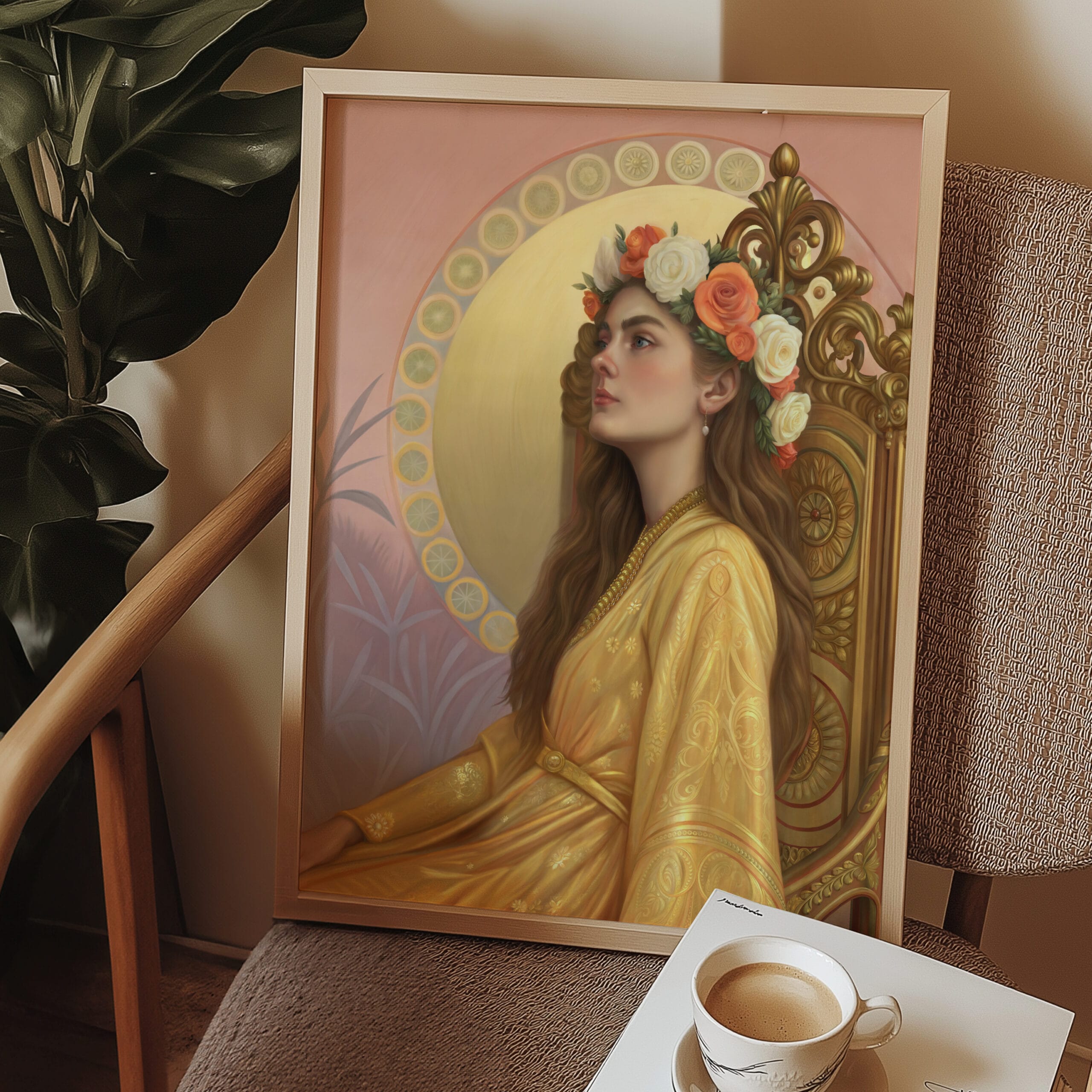 Framed portrait of woman in yellow with flower crown.