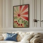 Colorful artwork above elegant living room sofa