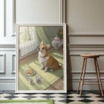 Corgi sitting beside tea set painting.