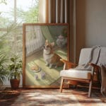 Cozy room with corgi painting and armchair.