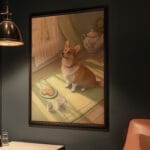 Painting of corgi with cups and pancakes.