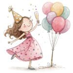 A cute cartoon character wearing a party hat and surrounded by floating balloons in bright colors