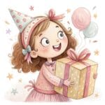 A whimsical design featuring a joyful child blowing out candles on a beautifully decorated birthday cake