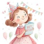 A colorful birthday cake topped with bright candles and surrounded by cheerful balloons in pastel colors