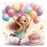 A playful illustration of a cute cartoon character holding a bunch of vibrant balloons in a festive setting