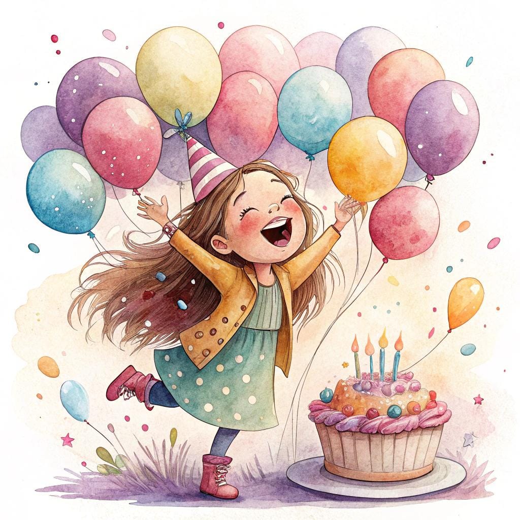 A playful illustration of a cute cartoon character holding a bunch of vibrant balloons in a festive setting