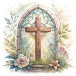 An elegant depiction of a cross with intricate vine details intertwined with soft lavender flowers
