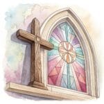 An uplifting depiction of a cross surrounded by lush greenery and delicate butterflies