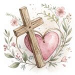 A graceful cross design embellished with colorful wildflowers and a tranquil sky background